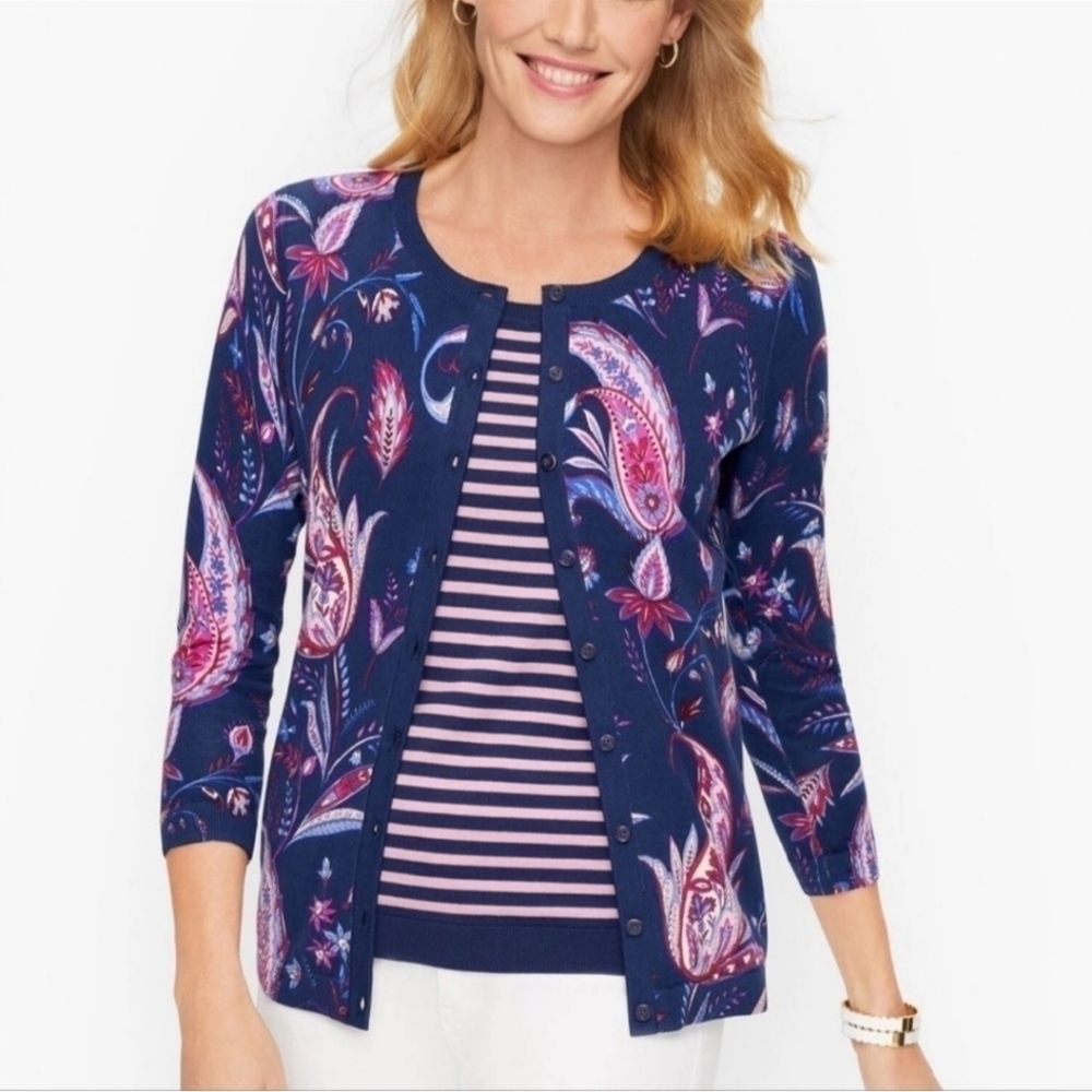 TALBOTS | Charming Cardigan India Ink Multi Winding Paisley Navy Pink Women's M